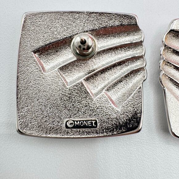 Vintage Monet Winged Square Stud Earrings Signed Runway Chic Retro Silver Tone - Picture 5 of 9
